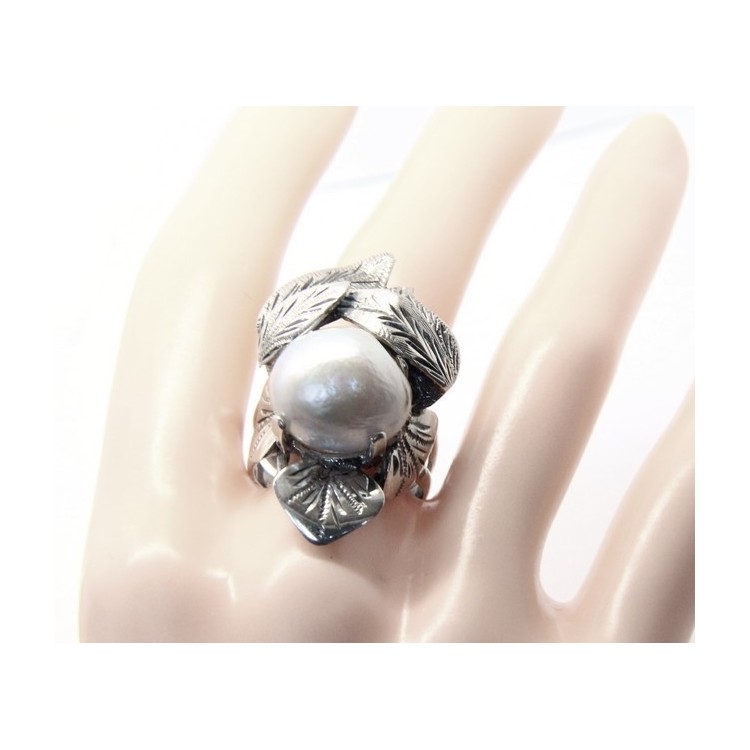 NLB|Argento 925 : Anello donna realizzato a mano con foglie e perla barocca misura 16