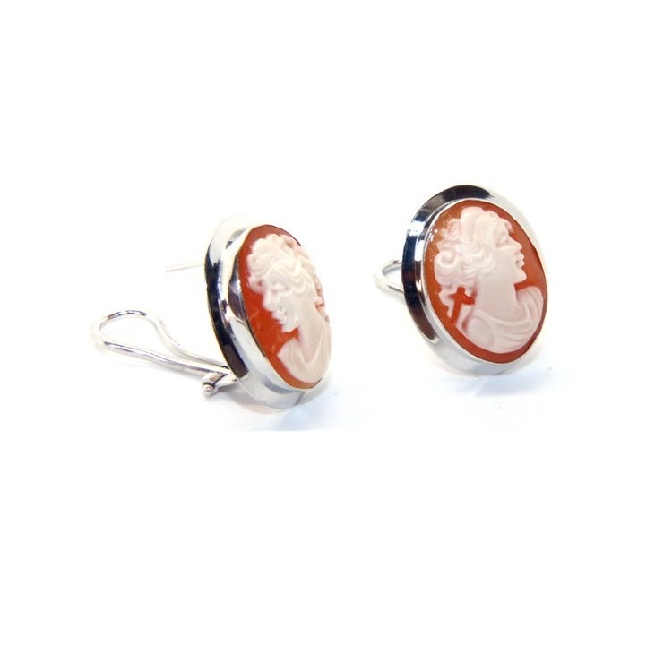 NLB|Argento 925 : Orecchini al lobo con vero cammeo corniola profilo di donna