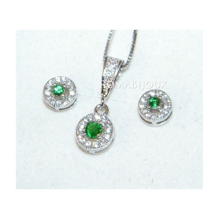 NLB|Parure 925 sterling silver necklace pendant earrings woman round pave 'zirconia and point light green peridot
