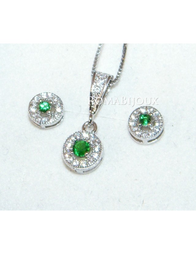 Parure argento 925 collana ciondolo orecchini donna round pave' zirconi e punto luce verde peridot