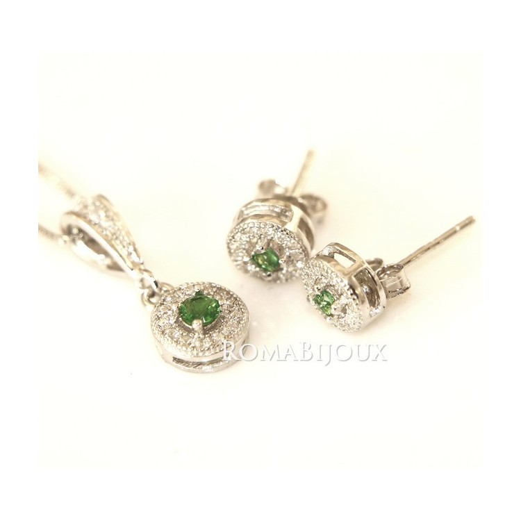 NLB|Parure 925 sterling silver necklace pendant earrings woman round pave 'zirconia and point light green peridot