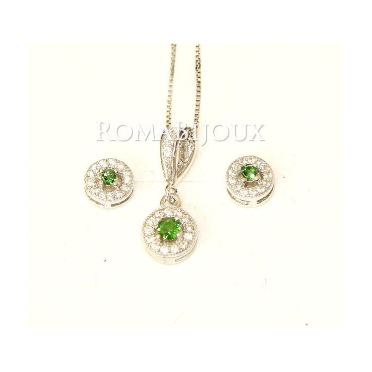 NLB|Parure argento 925 collana ciondolo orecchini donna round pave' zirconi e punto luce verde peridot