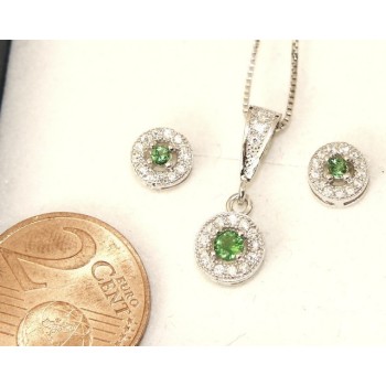 NLB|Parure 925 sterling silver necklace pendant earrings woman round pave 'zirconia and point light green peridot