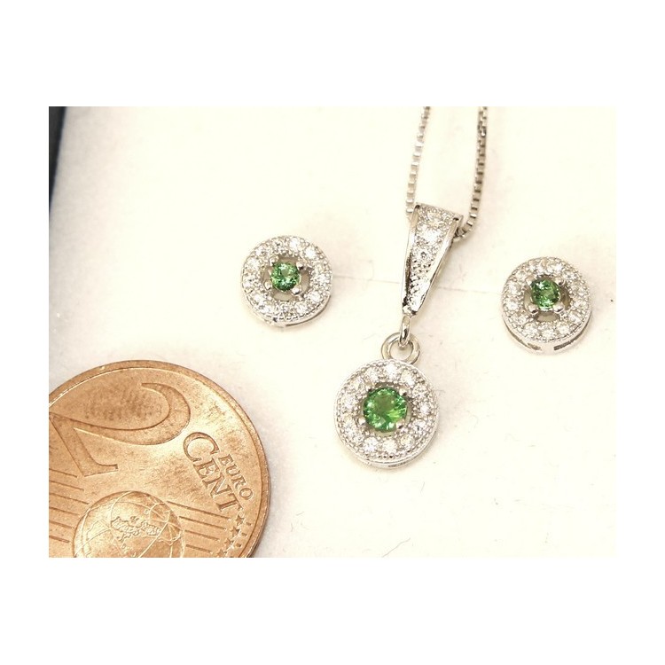 NLB|Parure argento 925 collana ciondolo orecchini donna round pave' zirconi e punto luce verde peridot