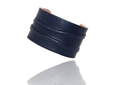 NLB|Bracciale donna schiava aperto regolabile rivestito in vera pelle blu scuro NALBORI®