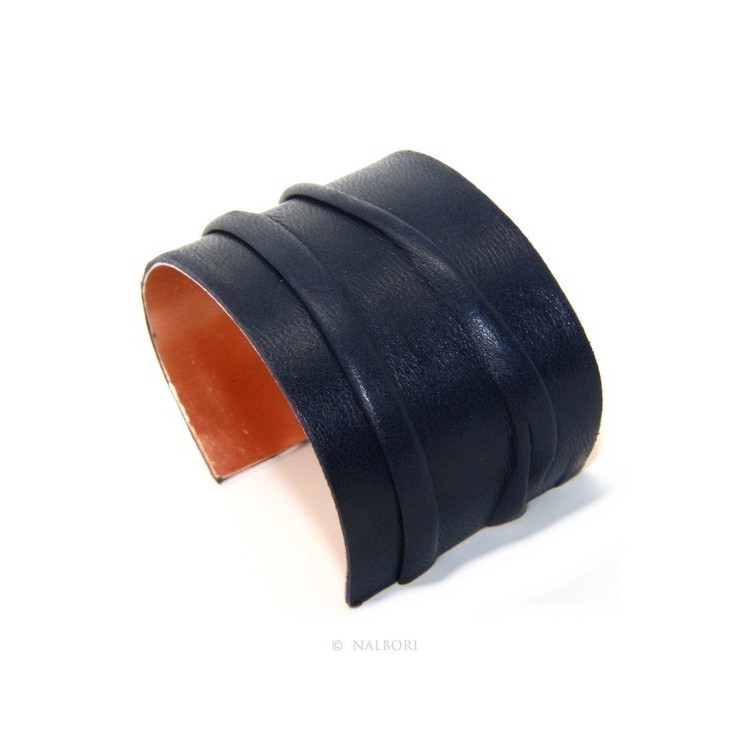 NLB|Adjustable open slaved woman bracelet dressed in genuine dark blue leather NALBORI®
