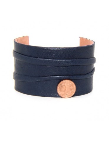 Adjustable open slaved woman bracelet dressed in genuine dark blue leather NALBORI®