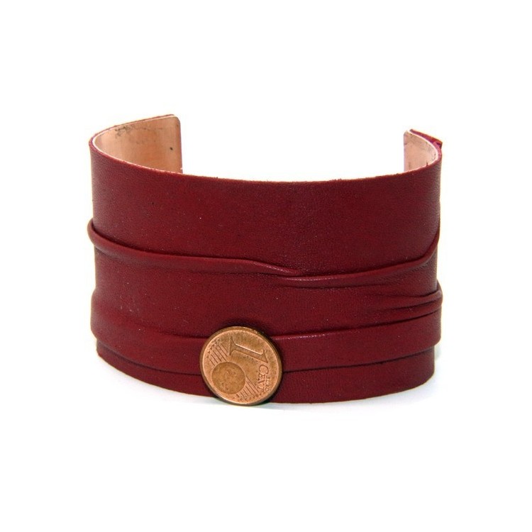 NLB|Bracciale donna schiava aperto regolabile rivestito in vera pelle rosso scuro NALBORI®
