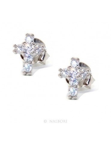 Argento 925 : orecchini uomo/donna punto luce croce piccoli zircone bianco