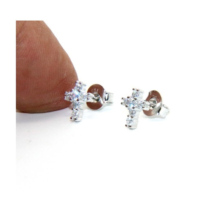 NLB|Argento 925 : orecchini uomo/donna punto luce croce piccoli zircone bianco
