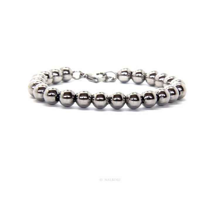 NLB|Acciaio bracciale donna uomo anallergico cromato sfere palline grandi 8 mm - 17.00 - 18,50 cm