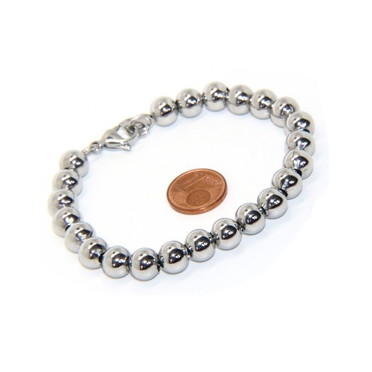 NLB|Acciaio bracciale donna uomo anallergico cromato sfere palline grandi 8 mm - 17.00 - 18,50 cm