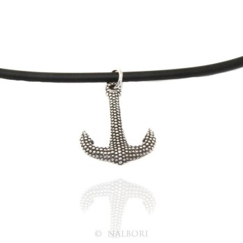 NLB|Argento 925 : esclusiva collana realizzata a mano con ciondolo ancora palline pallinato scuro