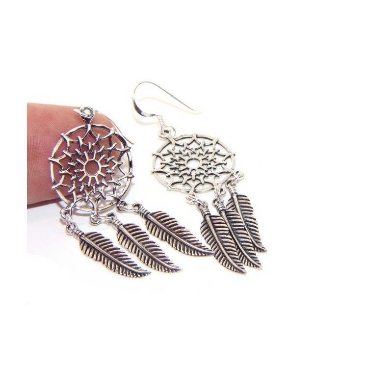 NLB|925, pendants earrings woman with dream catchers catcher and antique dark feathers