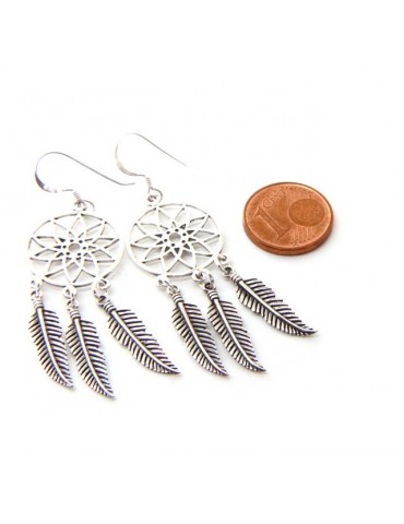Argento 925 , orecchini donna pendenti con acchiappasogni dreamcatcher acchiappa sogni e piume scuri anticati