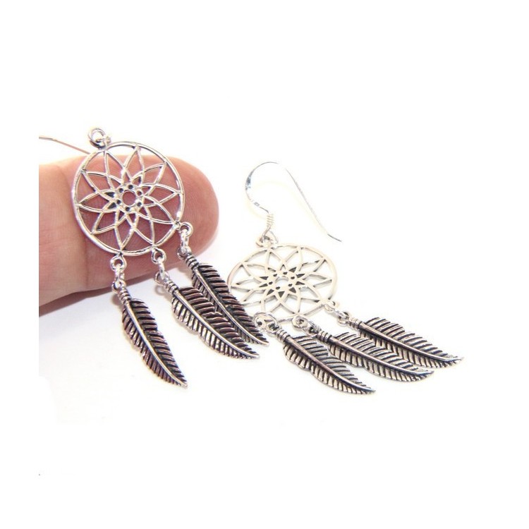 NLB|Argento 925 , orecchini donna pendenti con acchiappasogni dreamcatcher acchiappa sogni e piume scuri anticati