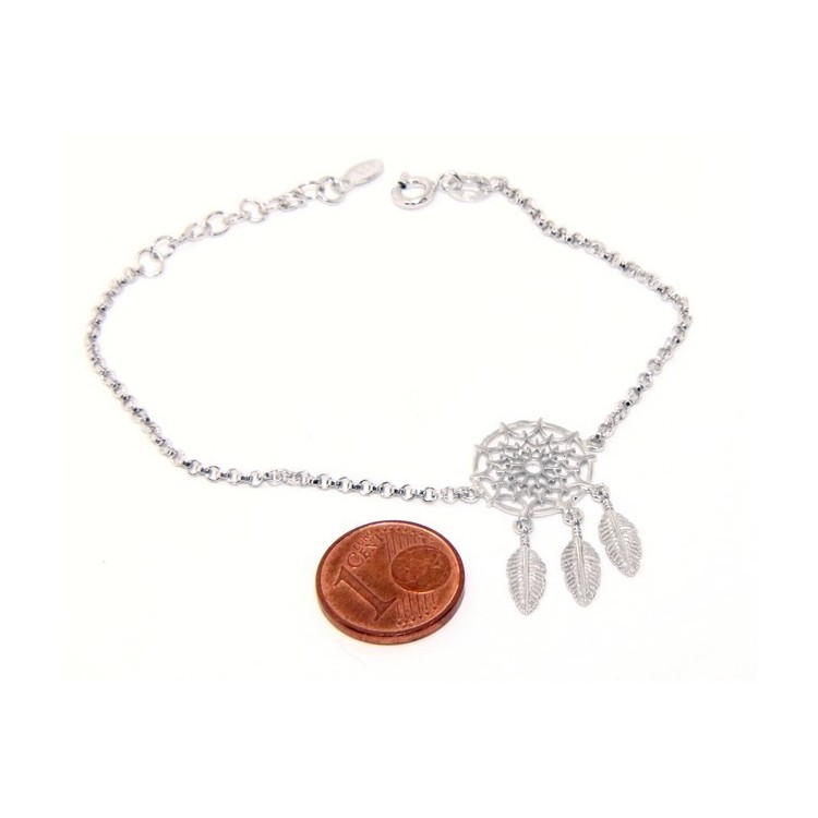 NLB|Argento 925 , bracciale donna ragazza cerchio e piume acchiappasogni acchiappa sogni dreamcatcher 15-19 cm