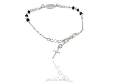 NLB|Bracciale rosario uomo donna in Argento 925 ovale madonna , croce e cristallo nero 16,00 18,50 cm