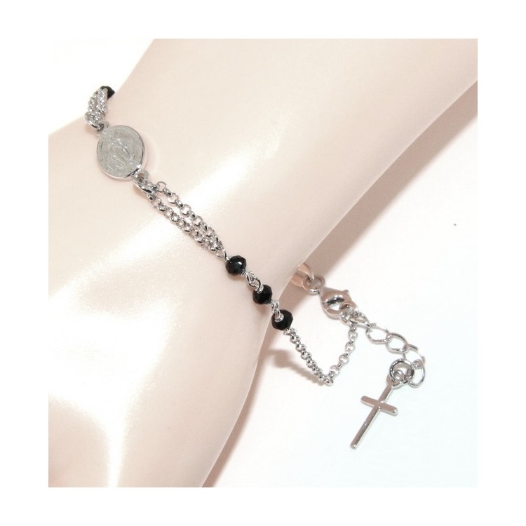 NLB|Rosary bracelet male female 925 sterling silver oval madonna, cross and black crystal 16.00 18.50 cm