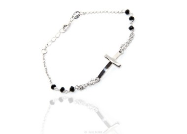 NLB|Bracciale rosario uomo donna in Argento 925 croce convessa e cristallo nero. Misura 16,50 - 19,00