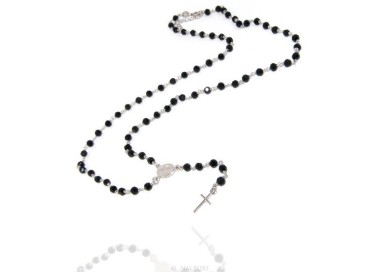 NLB|925 Silver Rosary Men's Necklace With Round Black Crystal 4mm Miraculous Madonna Cross 60 + 5