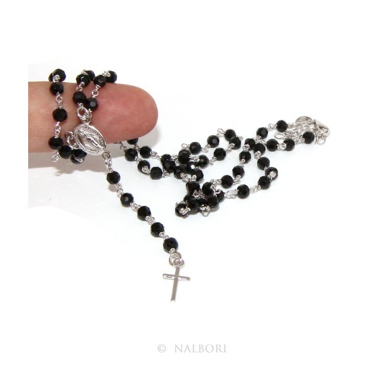 NLB|Collana Rosario uomo Argento 925 Con cristallo nero tondo 4mm croce madonna miracolosa 60+5