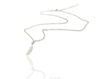 NLB|Argento 925 : Collana girocollo uomo o donna con pendente ciondolo piuma taglio laser