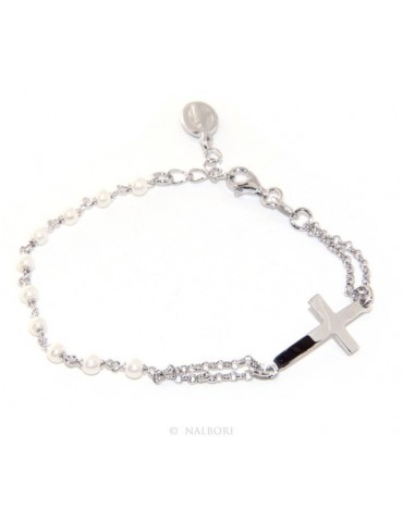 Bracciale rosario donna in Argento 925 madonna miracolosa , croce convessa e perline 15,00 - 17,50 cm
