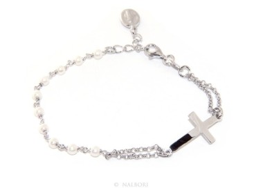 NLB|Bracciale rosario donna in Argento 925 madonna miracolosa , croce convessa e perline 15,00 - 17,50 cm