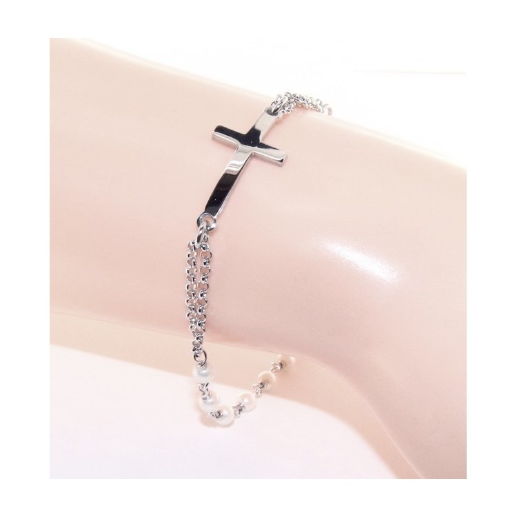 NLB|925 silver rosary bracelet Miraculous Madonna, Convex Cross and Beads 15.00 - 17.50 cm