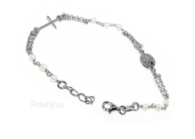 NLB|Bracciale rosario uomo donna in Argento 925 madonna miracolosa , croce e perline bianche 16,50 19,50