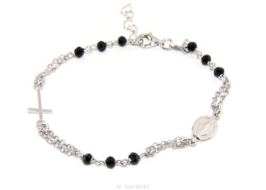 NLB|Bracciale rosario uomo donna in Argento 925 con madonna miracolosa , croce e cristallo nero 17,50 - 20,00