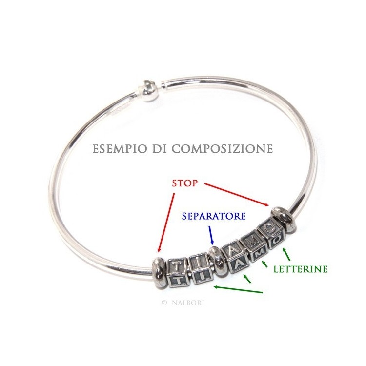 NLB|ARGENTO 925 : CHARME letterine cubetti e stop per Bracciale serie Nalbori componibili