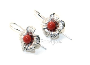 NLB|Orecchini in Argento 925 pallina perla calibrata corallo naturale rosso e fiore amo e sicurezza