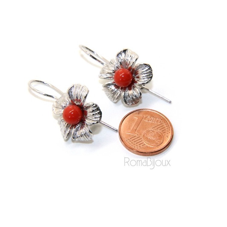 NLB|Orecchini in Argento 925 pallina perla calibrata corallo naturale rosso e fiore amo e sicurezza