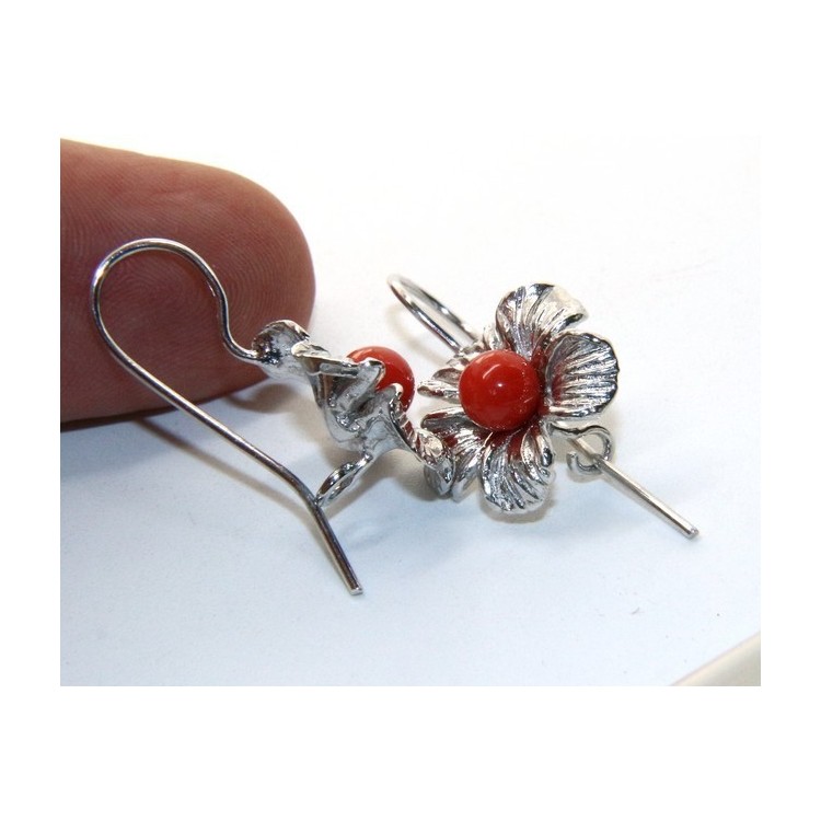 NLB|Silver 925 Sterling Pearl Ball Calibrating Natural Red Coral and Flower