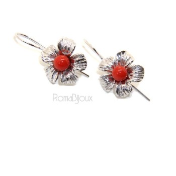 NLB|Orecchini in Argento 925 pallina perla calibrata corallo naturale rosso e fiore amo e sicurezza