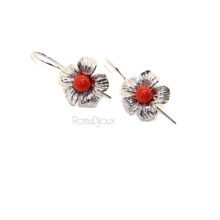 NLB|Silver 925 Sterling Pearl Ball Calibrating Natural Red Coral and Flower