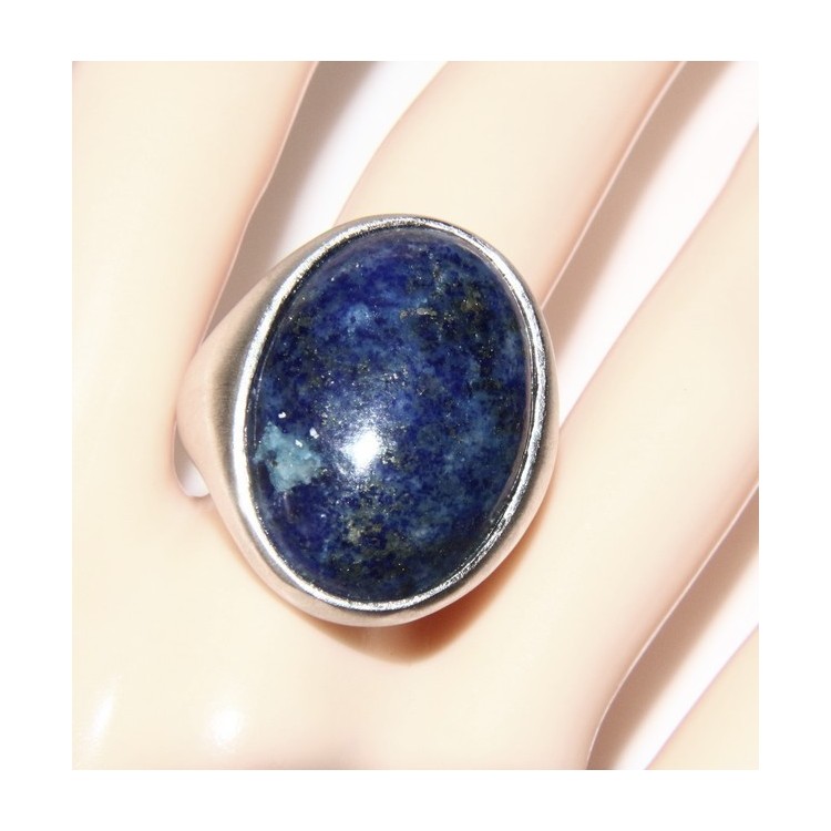 NLB|Silver 925 Satin Solid: Oval woman's ring with large blue natural night lapis size 16