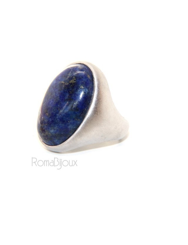 Argento 925 Massiccio satinato : Anello donna ovale con grande lapis blu notte naturale misura 16 Argento 925 Massiccio satinato : Anello donna ovale con grande lapis blu notte naturale misura 16