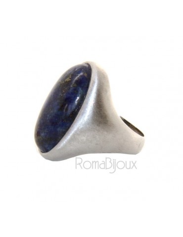 Argento 925 Massiccio satinato : Anello donna ovale con grande lapis blu notte naturale misura 16