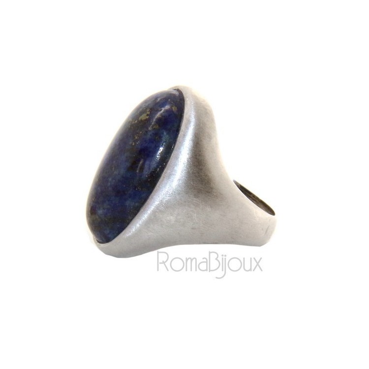 NLB|Silver 925 Satin Solid: Oval woman's ring with large blue natural night lapis size 16