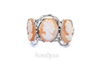 NLB|Argento 925 : Anello donna aperto battuto trilogy cammeo volto donna tris cammei regolabile