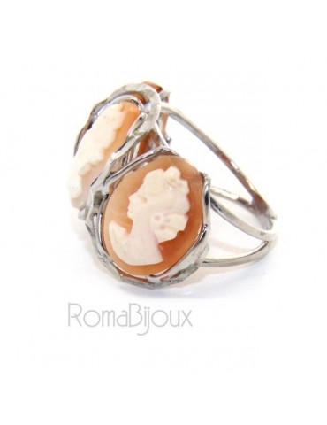 Argento 925 : Anello donna aperto battuto trilogy cammeo volto donna tris cammei regolabile