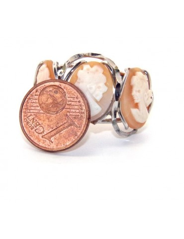 Argento 925 : Anello donna aperto battuto trilogy cammeo volto donna tris cammei regolabile