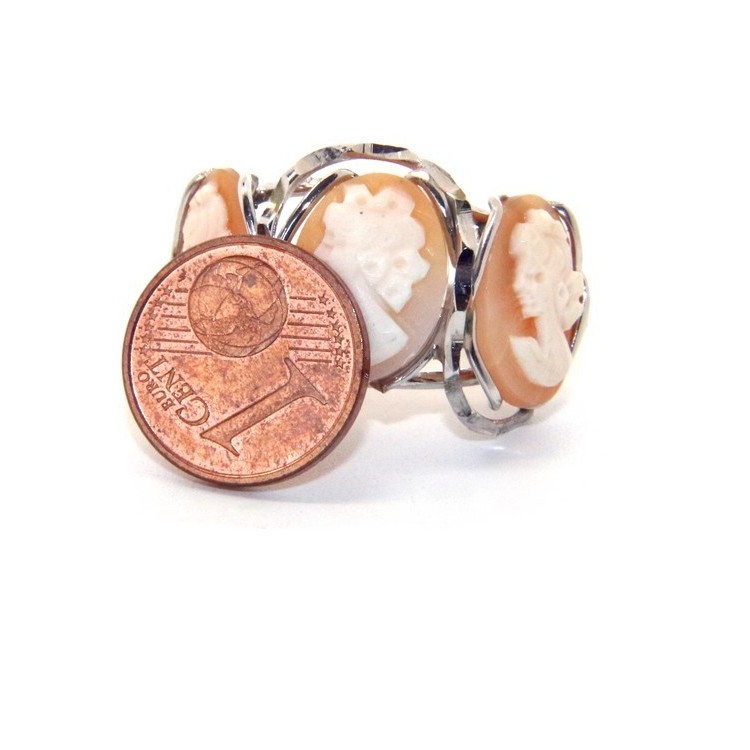 NLB|Argento 925 : Anello donna aperto battuto trilogy cammeo volto donna tris cammei regolabile