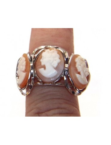 Argento 925 : Anello donna aperto battuto trilogy cammeo volto donna tris cammei regolabile