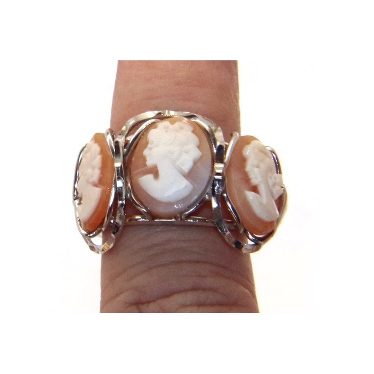 NLB|Argento 925 : Anello donna aperto battuto trilogy cammeo volto donna tris cammei regolabile