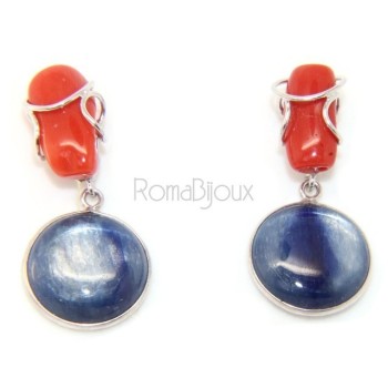 NLB|925 Sterling silver earrings with natural red coral and blue cyanite disc.