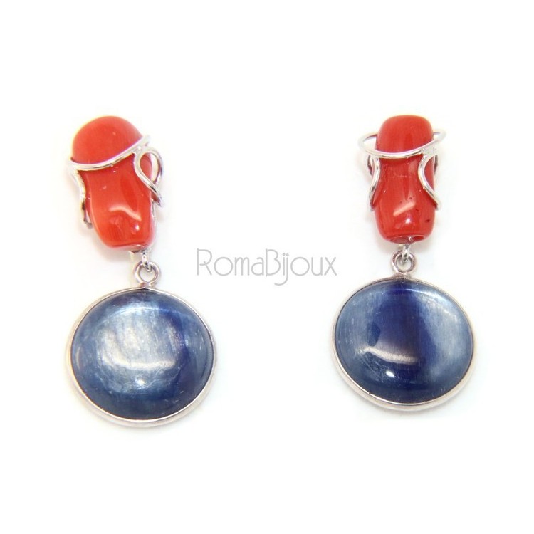 NLB|925 Sterling silver earrings with natural red coral and blue cyanite disc.